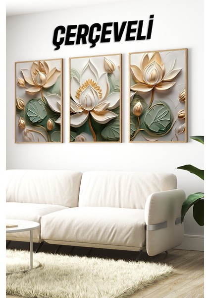 🌿 3'lü Çerçeveli Lotus Çiçek Temalı Mdf Tablo Seti – Ahşap Çerçeve, Uv Baskı 🪷 CRV1029 23 x 32 indirimleri