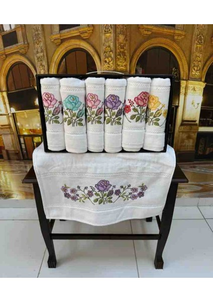 %100 Pamuklu Iğne Oyası Gül Desen Işlemeli Kadife Lüx Çeyizlik El ve Yüz Havlusu Kutulu Set