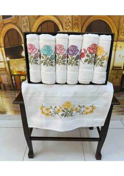 %100 Pamuklu Iğne Oyası Gül Desen Işlemeli Kadife Lüx Çeyizlik El ve Yüz Havlusu Kutulu Set indirimleri