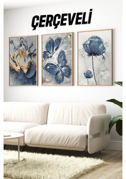 🦋 3'lü Çerçeveli Mavi Kelebek ve Çiçek Temalı Mdf Tablo Seti – Uv Baskılı Ahşap Çerçeve 🌿 CRV1027 23 x 32