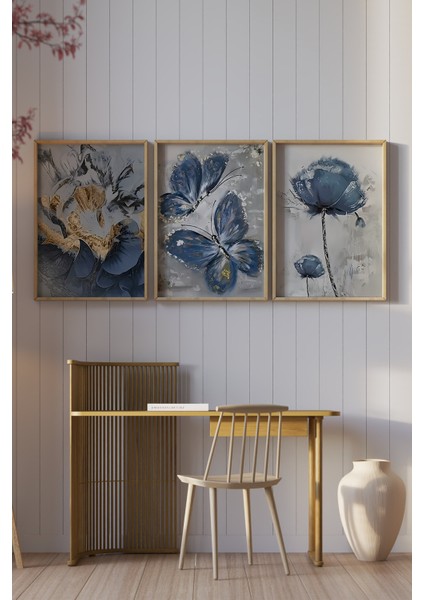 🦋 3'lü Çerçeveli Mavi Kelebek ve Çiçek Temalı Mdf Tablo Seti – Uv Baskılı Ahşap Çerçeve 🌿 CRV1027 23 x 32 modelleri