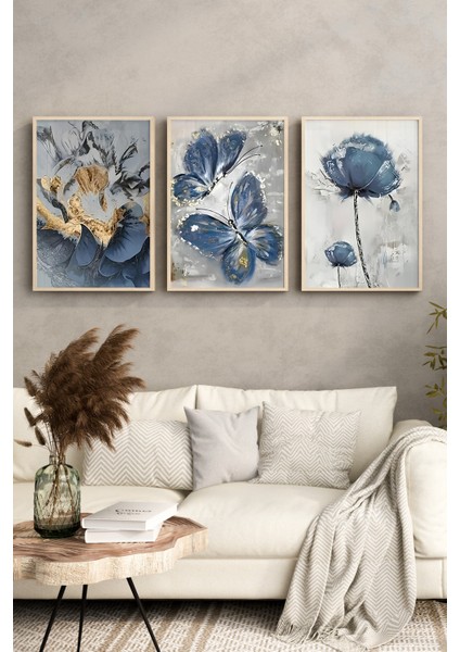 🦋 3'lü Çerçeveli Mavi Kelebek ve Çiçek Temalı Mdf Tablo Seti – Uv Baskılı Ahşap Çerçeve 🌿 CRV1027 23 x 32 indirimleri
