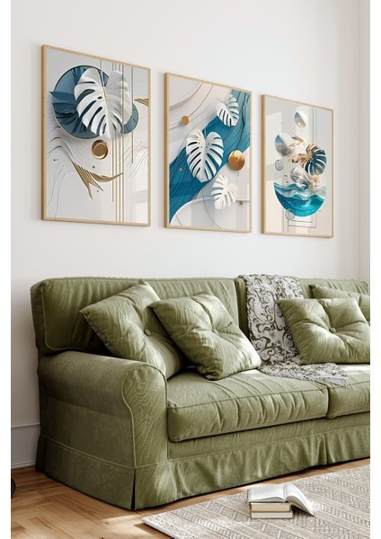 🌊 3'lü Çerçeveli Modern Yaprak ve Dalga Temalı Tablo Seti – Uv Baskılı, Mdf Zeminli🎨 CRV1028 23 x 32