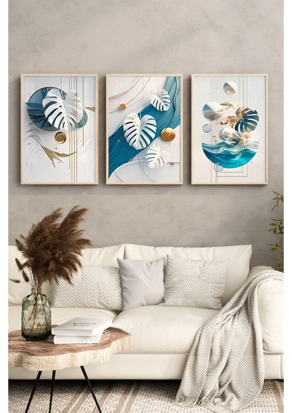 🌊 3'lü Çerçeveli Modern Yaprak ve Dalga Temalı Tablo Seti – Uv Baskılı, Mdf Zeminli🎨 CRV1028 23 x 32 fırsatları
