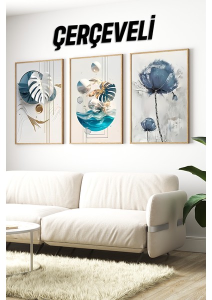 🌊 3'lü Çerçeveli Modern Yaprak ve Dalga Temalı Tablo Seti – Uv Baskılı, Mdf Zeminli🎨 CRV1028 23 x 32 indirimleri