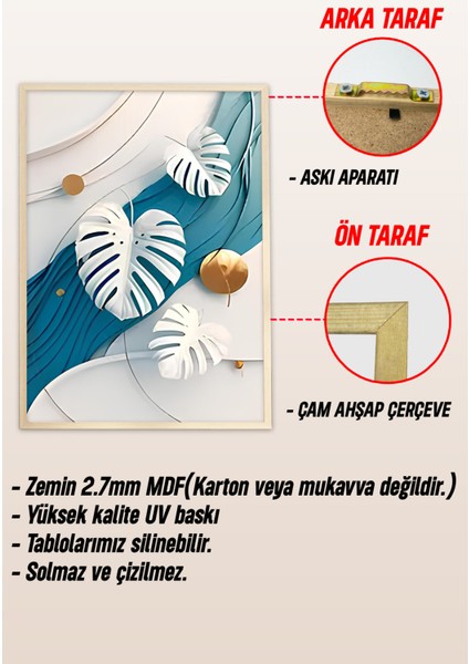 🌊 3'lü Çerçeveli Modern Yaprak ve Dalga Temalı Tablo Seti – Uv Baskılı, Mdf Zeminli🎨 CRV1028 23 x 32