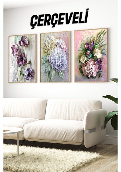 💐 3'lü Çerçeveli Renkli Çiçek Kompozisyonu Tablo Seti –ahşap Çam Çerçeveli, Uv Baskılı🌿 CRV1026 23 x 32
