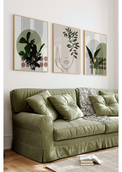 🌿 3’lü Çerçeveli Minimal Yüz ve Yaprak Temalı Tablo Seti – Uv Baskılı, Ahşap Çerçeveli 🌿 CRV1030 23 x 32