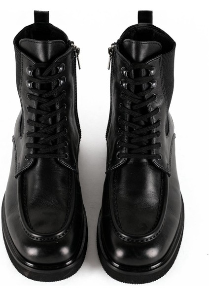 Efektli Bağcıklı Deri Siyah Bot