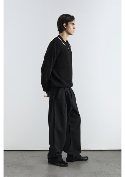 Gold Düğmeli Kontrast Çizgili Polo Yaka Siyah Kazak modelleri