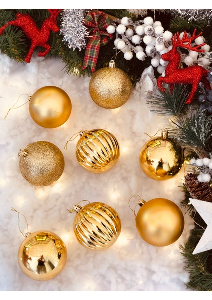 Yılbaşı Çam Ağacı Süsü Gold Altın Top Süs 8 cm 8 Li Paket Cici Top