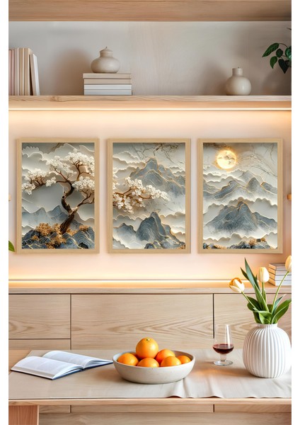 🖼️ 3’lü Uv Baskılı Çerçevesiz Manzara Tablo Seti –japon Esintili Altın Detaylı Dağ Motifli CRVS1037 13 x 17