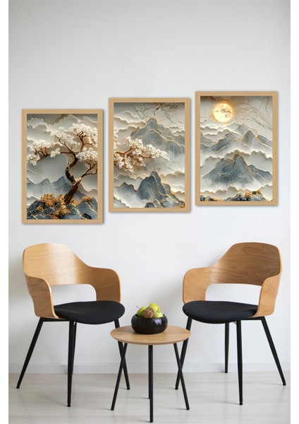 🖼️ 3’lü Uv Baskılı Çerçevesiz Manzara Tablo Seti –japon Esintili Altın Detaylı Dağ Motifli CRVS1037 13 x 17 modelleri