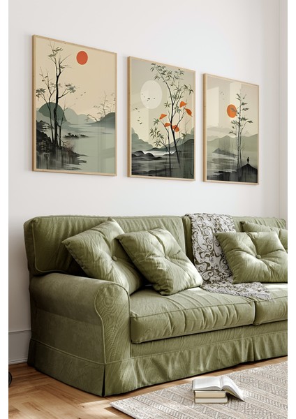 🌄 3'lü Çerçeveli Uzak Doğu Esintili Manzara Tablo Seti –uv Baskılı,mdf Yüzeyli 🏞️ CRV1033 23 x 32