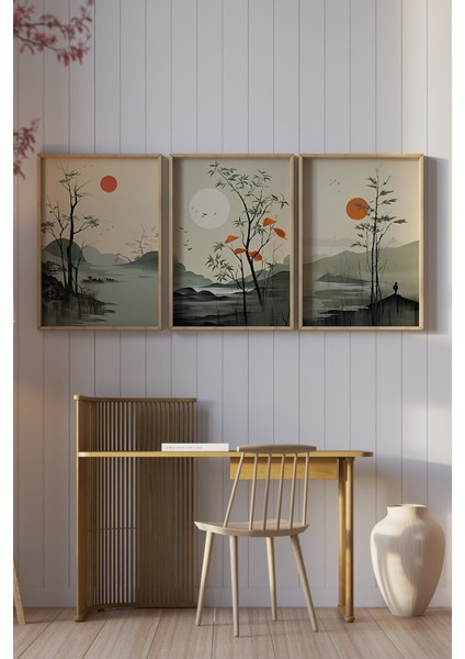 🌄 3'lü Çerçeveli Uzak Doğu Esintili Manzara Tablo Seti –uv Baskılı,mdf Yüzeyli 🏞️ CRV1033 23 x 32 fiyatları