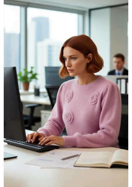 Kadın Pembe Bisiklet Yaka Işlemeli Desenli Triko Kazak Günlük Kullanım Için Ideal Uzun Kollu Model