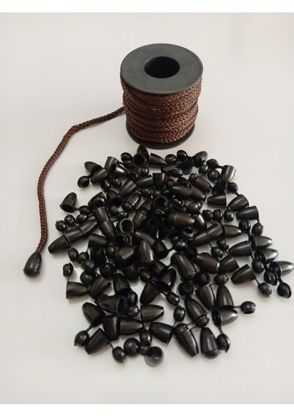 30 mt Kahve Renk Esnek 6 mm Eşofman Kapüşon Bağcık Ipi ve 60 Adet Plastik Tıpalı Kapüşon Ucu