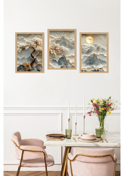🖼️ 3’lü Uv Baskılı Çerçevesiz Manzara Tablo Seti –japon Esintili Altın Detaylı Dağ Motifli CRVS1037 13 x 17 fırsatları