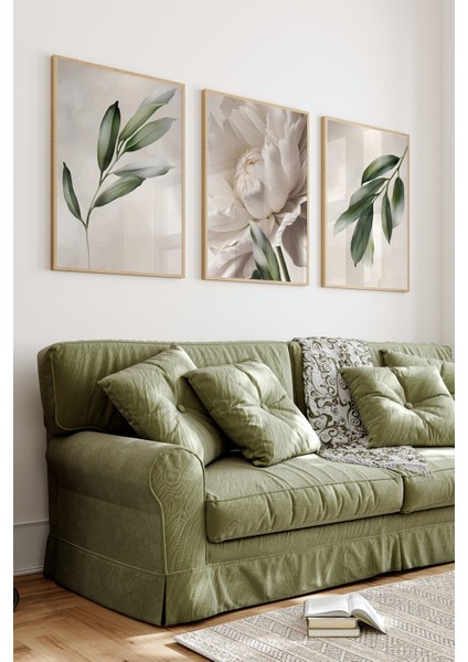 🌸3’lü Çerçeveli Beyaz Çiçek ve Yaprak Temalı Modern Tablo Seti – Uv Baskılı, Mdf Zeminli 🌿 CRV1034 23 x 32 fiyatları