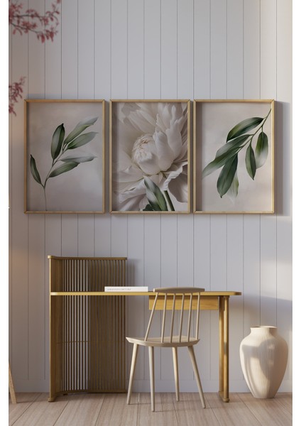 🌸3’lü Çerçeveli Beyaz Çiçek ve Yaprak Temalı Modern Tablo Seti – Uv Baskılı, Mdf Zeminli 🌿 CRV1034 23 x 32 modelleri
