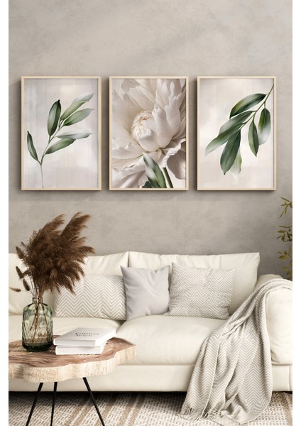 🌸3’lü Çerçeveli Beyaz Çiçek ve Yaprak Temalı Modern Tablo Seti – Uv Baskılı, Mdf Zeminli 🌿 CRV1034 23 x 32 indirimleri