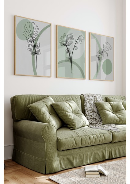 3’lü Çerçeveli Yeşil Tonlarda Minimal Çizgisel Bitki Tablo Seti –uv Baskılı, Mdf Zeminli 🖼️ CRV1031 23 x 32