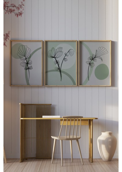 3’lü Çerçeveli Yeşil Tonlarda Minimal Çizgisel Bitki Tablo Seti –uv Baskılı, Mdf Zeminli 🖼️ CRV1031 23 x 32 fiyatları