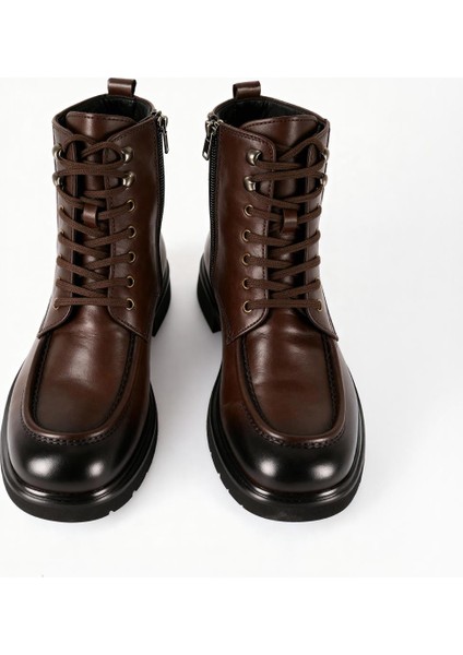 Efektli Bağcıklı Deri Kahverengi Bot