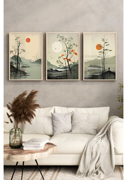🌄 3'lü Çerçeveli Uzak Doğu Esintili Manzara Tablo Seti –uv Baskılı,mdf Yüzeyli 🏞️ CRV1033 23 x 32 fırsatları