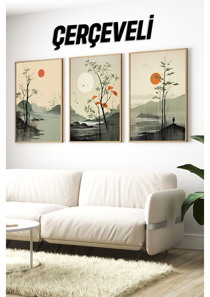 🌄 3'lü Çerçeveli Uzak Doğu Esintili Manzara Tablo Seti –uv Baskılı,mdf Yüzeyli 🏞️ CRV1033 23 x 32 indirimleri