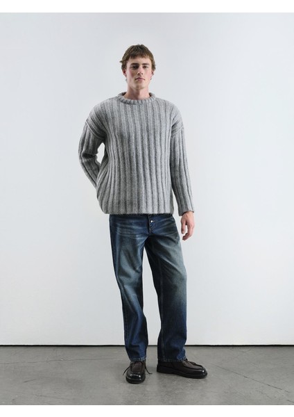 Kalın Fitilli Yünlü Gri Kazak