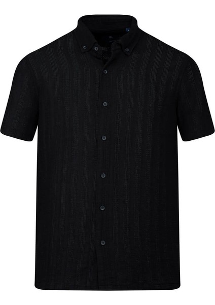 Siyah Comfort Fit Çizgili Düğmeli Yaka 100% Pamuk Kısa Kollu Casual Gömlek
