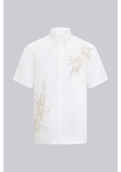 Beyaz Comfort Fit Düğmeli Yaka 100% Keten Kısa Kollu Gömlek