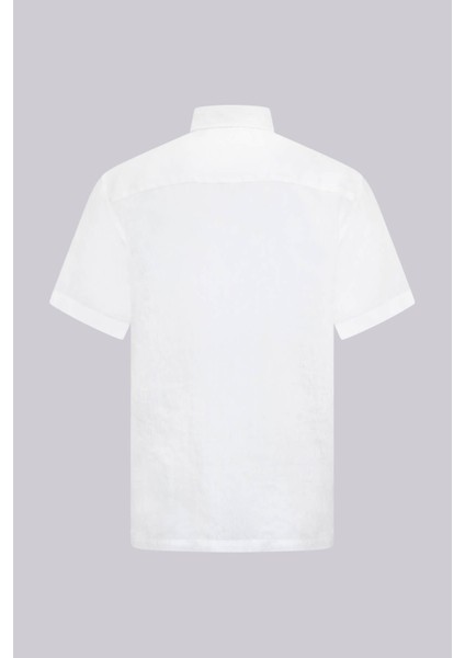 Beyaz Comfort Fit Düğmeli Yaka 100% Keten Kısa Kollu Gömlek fiyatları