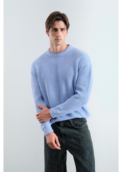 Regular Fıt Fitilli Mavi Triko Kazak