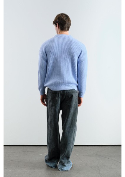 Regular Fıt Fitilli Mavi Triko Kazak modelleri