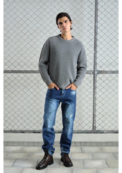 Regular Fıt Fitilli Gri Triko Kazak