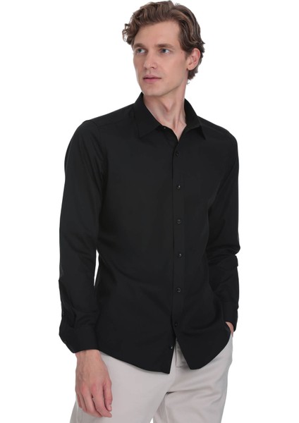 Siyah Slim Fit Slim Yaka Pamuklu Uzun Kollu Gömlek