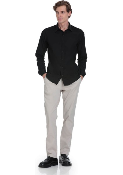 Siyah Slim Fit Slim Yaka Pamuklu Uzun Kollu Gömlek fiyatları