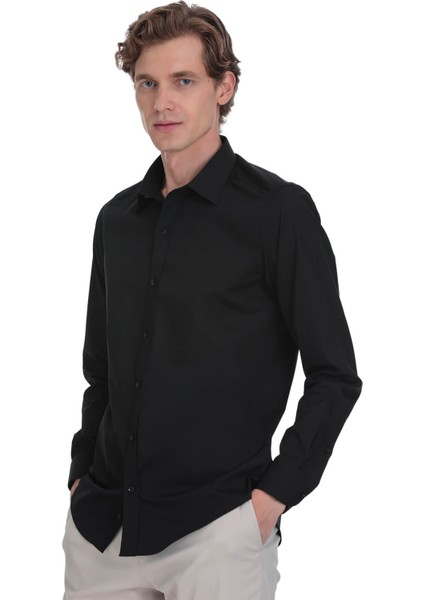 Siyah Slim Fit Slim Yaka Pamuklu Uzun Kollu Gömlek modelleri