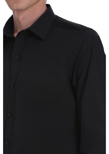 Siyah Slim Fit Slim Yaka Pamuklu Uzun Kollu Gömlek fırsatları
