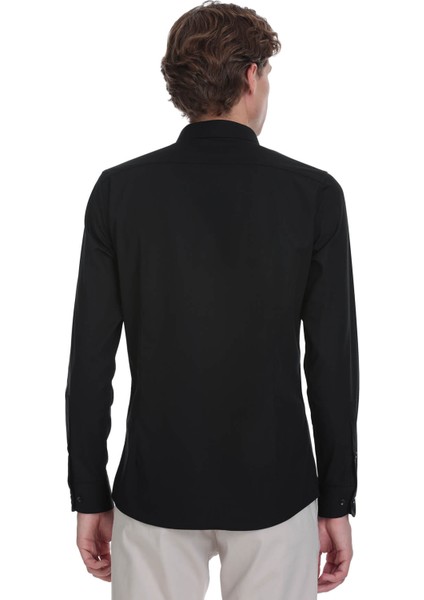 Siyah Slim Fit Slim Yaka Pamuklu Uzun Kollu Gömlek indirimleri