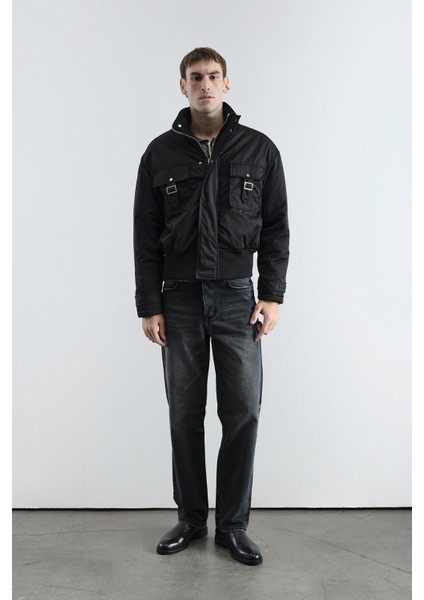Teknik Siyah Bomber Ceket