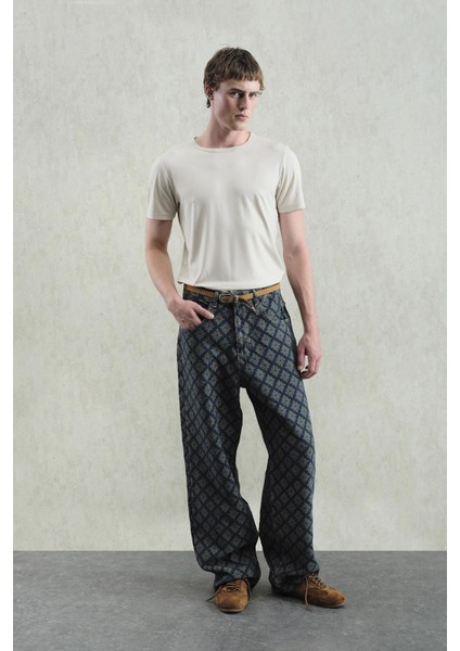 Jakar Desenli Lacivert Jean