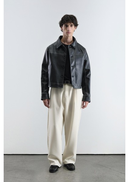 Kontrast Dikiş Detaylı Siyah Deri Ceket