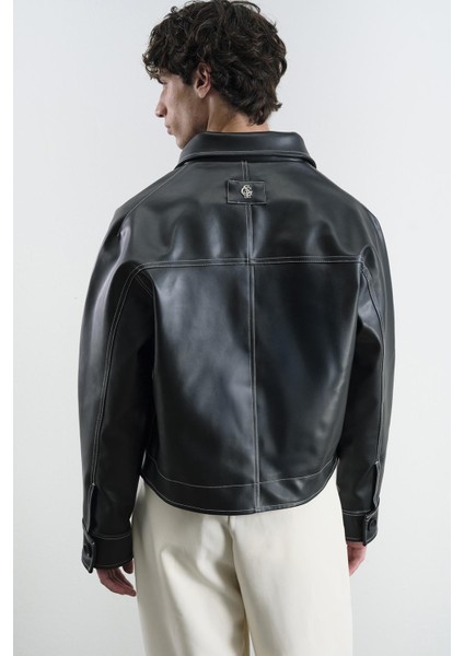 Kontrast Dikiş Detaylı Siyah Deri Ceket fırsatları