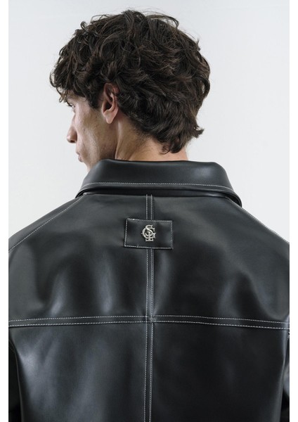 Kontrast Dikiş Detaylı Siyah Deri Ceket indirimleri