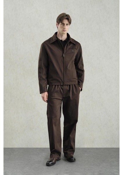 Deri Biyeli Kahverengi Klasik Ceket