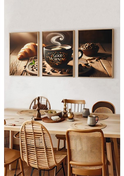 🌞 Good Mornıng Serisi – Çerçeveli 3’lü Kahve Temalı Tablo Seti (Mdf – Uv Baskı) CRV1023 23 x 32 fiyatları