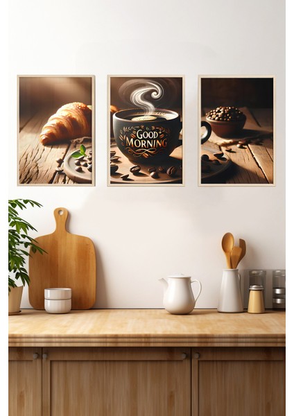 🌞 Good Mornıng Serisi – Çerçeveli 3’lü Kahve Temalı Tablo Seti (Mdf – Uv Baskı) CRV1023 23 x 32 fırsatları